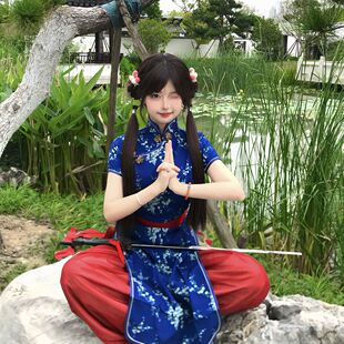 复古汉服女修身立领中式短款旗袍灯笼裤腰封显瘦藏青演出小师妹