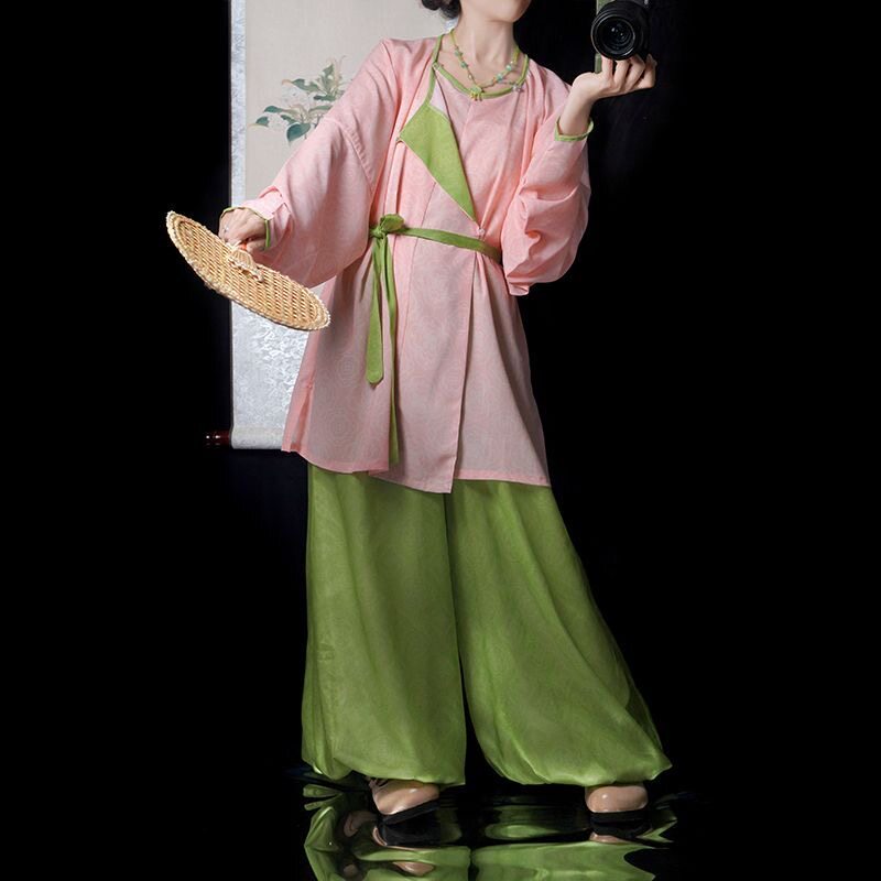唐制短款圆领袍盘扣汉服灯笼裤套装通勤卖货郎田园中华娘小师妹 - 实物图