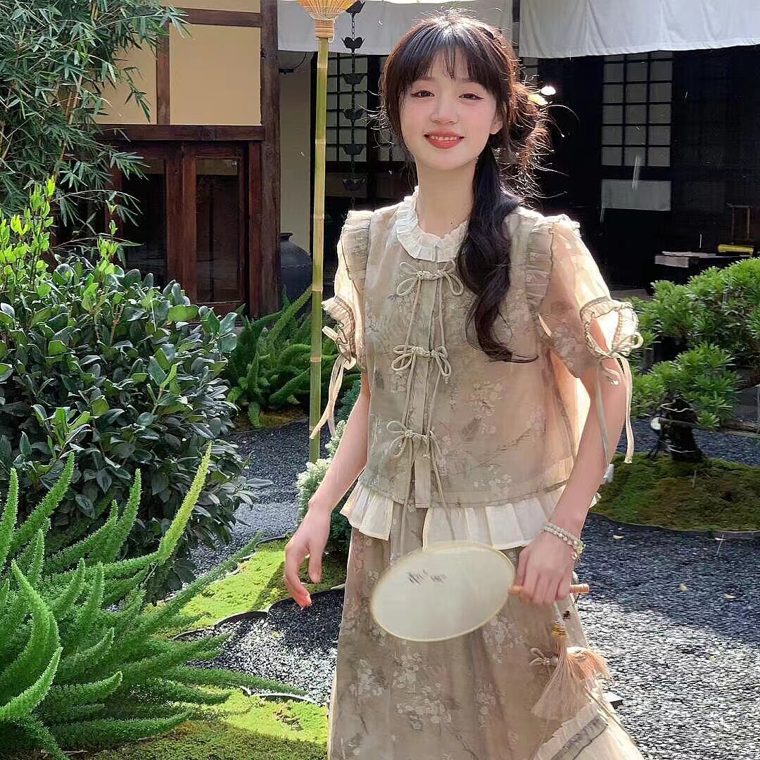 汉元素成人改良新中式盘扣泡泡袖两件套禅意娃娃领中国风时尚套装