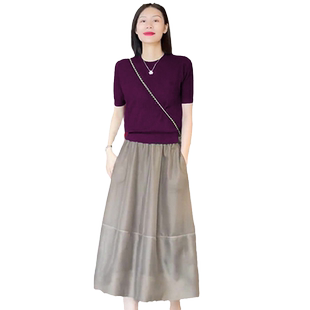 冰丝针织衫上衣女夏季新款洋气半高领短袖t恤女薄款紫红色打底衫