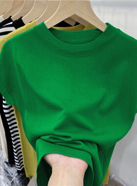 绿色半高领t恤女短袖2025夏季新款冰丝针织设计感小众打底衫上衣