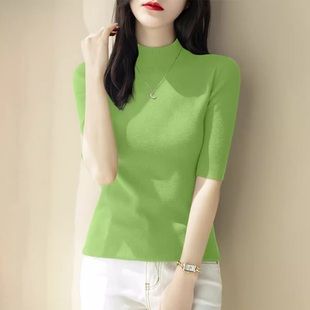 五分袖 修身 黑色上衣 毛衣女春秋欧美外贸女装 半高领内搭针织打底衫