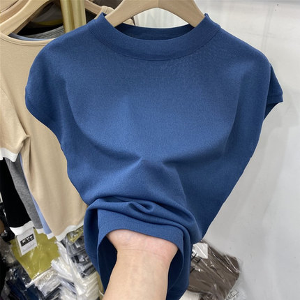 欧货冰丝针织衫上衣女2025夏短袖圆领宽松曲珠薄款透气半截袖T恤