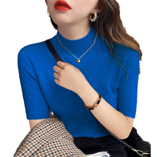 毛衣针织衫女内搭五分袖春秋冬季大码修身半高领中袖打底衫女上衣