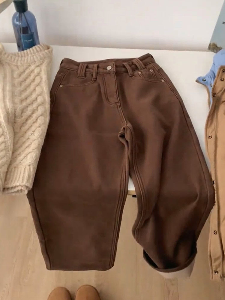 MAILLARD 레트로 플러스 벨벳 두꺼운 갈색 바지 여성 가을 겨울 새로운 하이 웨이스트 루즈 스트레이트 와이드 레그 청바지 유행