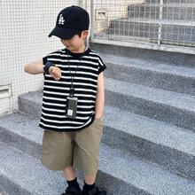 儿童套装男童条纹短袖T恤无袖背心2025夏季新款洋气宽松时髦短裤