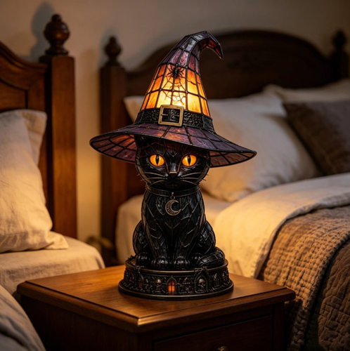 跨境新款 Halloween Witch Hat Cat Lamp 万圣节女巫帽猫咪台灯