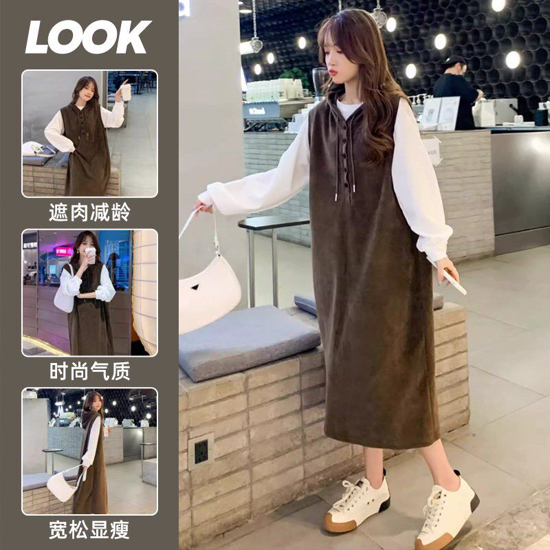 新品孕妇装秋装连衣裙2025y新款背带裙小个子长袖卫衣两件套春秋