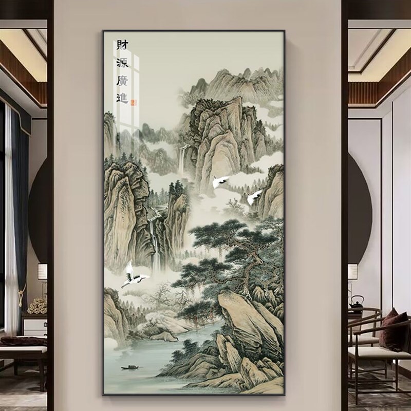新品新中式玄关装饰画山水t画挂画竖版入户走廊过道壁画客厅中国