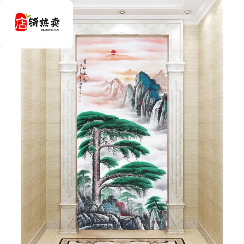 极速自粘贴d纸迎客松装饰画客厅餐厅无框贴画竖版走廊过道壁画玄图片