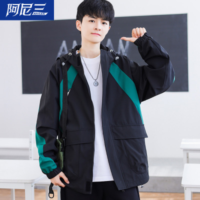 2025新款春季工装连帽夹克男款青少年帅气高中学生冲锋衣外套男