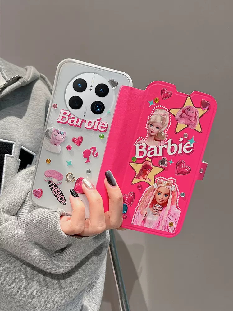 辣妹粉可爱芭比娃娃公主华为mate50手机壳p60全包mate40pro防摔女款mate30贴钻p40透明nova9荣耀50翻盖皮套潮