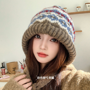 费尔岛风冬天护耳毛线帽子女2024复古包头帽保暖堆堆帽包包针织帽