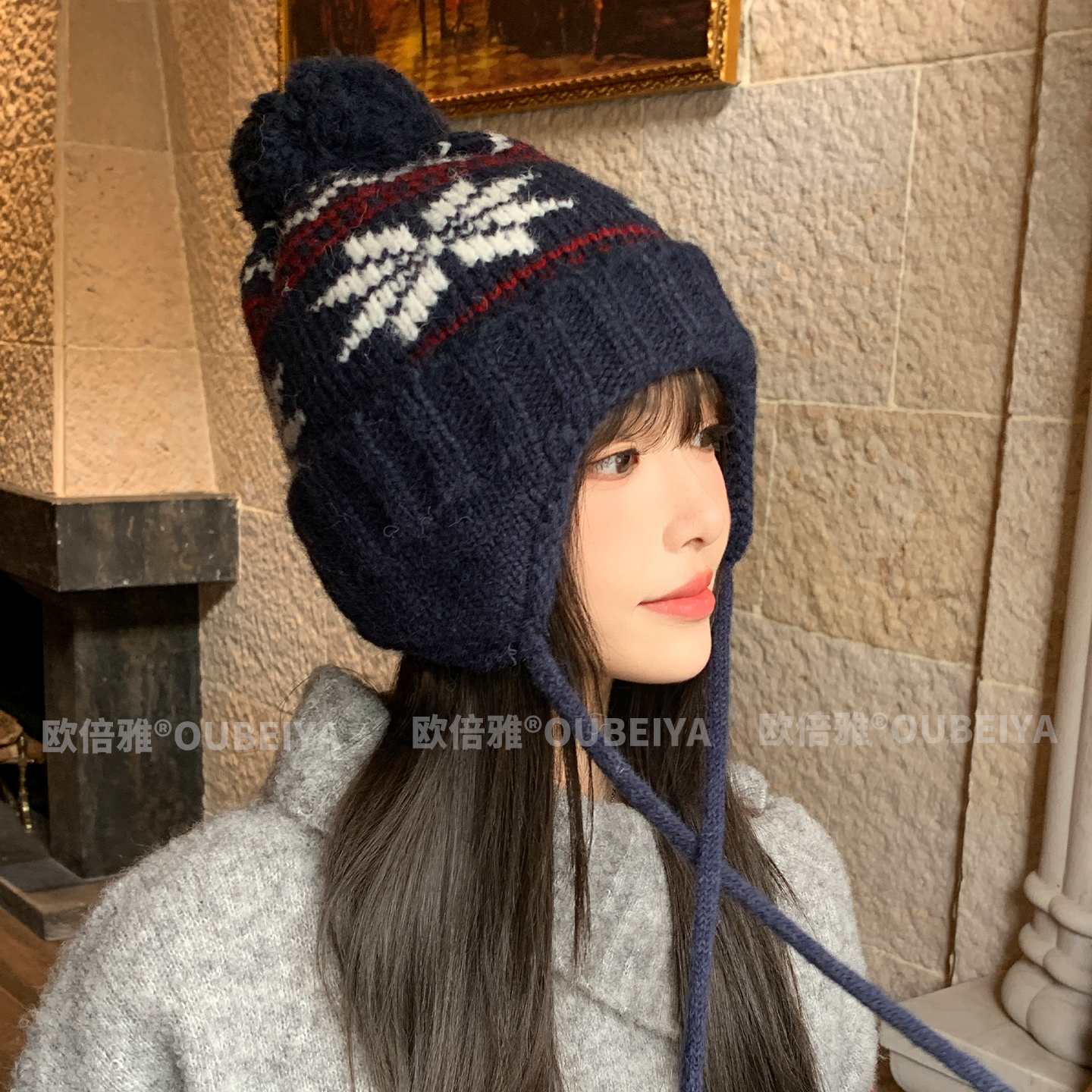 圣诞雪花提花针织帽子女冬天保暖耳罩护耳帽可爱显脸小加厚毛线帽