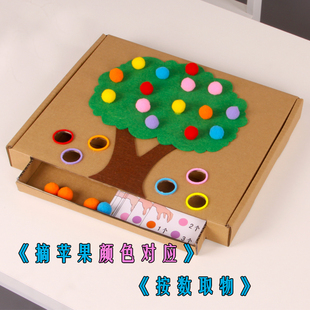 幼儿园小中班益智区认知颜色对应按数取物摘毛球苹果树玩教具游戏