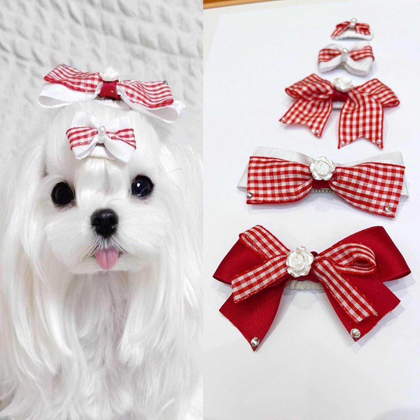 宠物头饰原创红色格子新年喜庆宠物发夹马尔济斯狗狗猫咪饰品发饰,模玩/动漫/周边/娃圈三坑/桌游,棉花娃娃场景道具娃屋,淘宝优惠券,粉丝福利购,淘宝优惠卷
