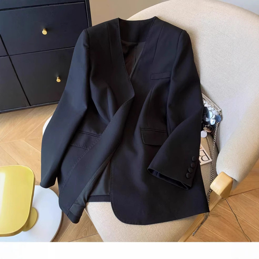 现货气质质感黑色无领西装外套女春秋季宽松显瘦通勤白领西服女