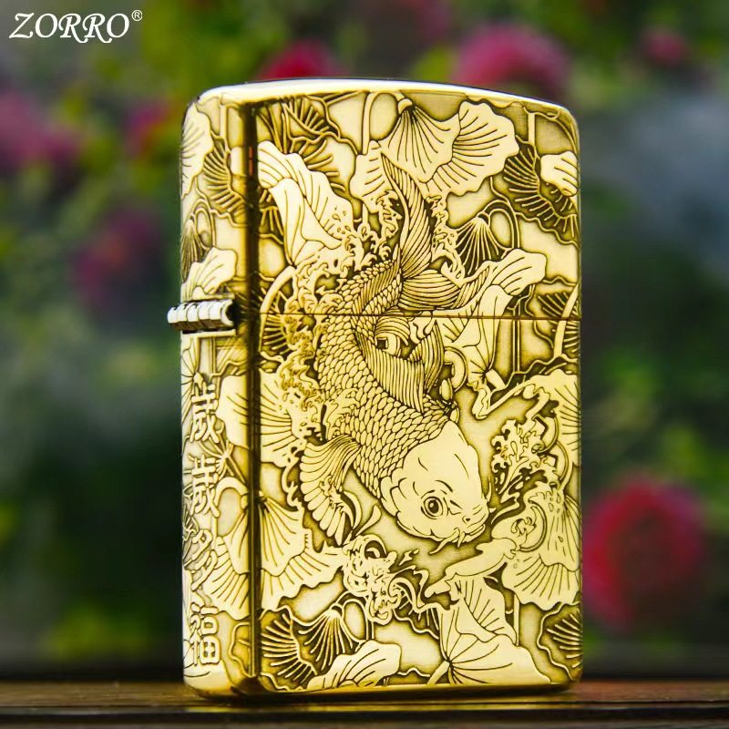 佐罗煤油打火机防风复古荷花锦鲤创意男士翻盖纯黄铜男士砂轮雕刻