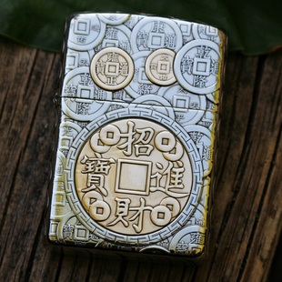 902s招财进宝白铜镶嵌五面浮雕煤油防风打火机砂轮二代佐罗手工男