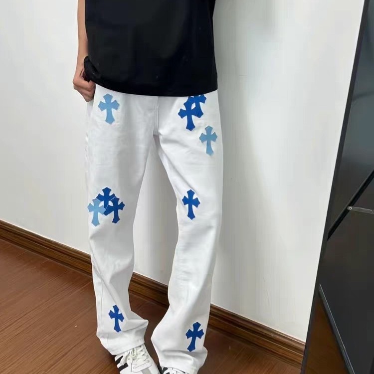纯原美式轻奢牛仔裤水洗做旧十字架贴标休闲宽松直筒高街裤子男女