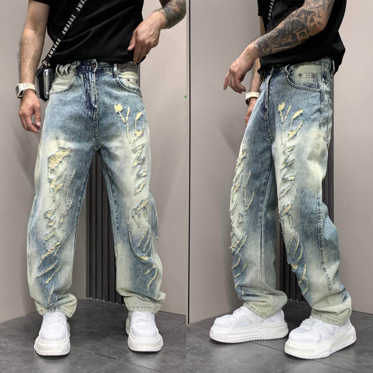春夏新款男士牛仔裤2026潮牌复古宽松直筒破洞垂感百搭宽松休闲裤 - 酷先森潮人馆出品