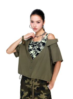 拓谷假两件短袖衬衫女夏季新款迷彩背心设计感露肩上衣短袖X60852