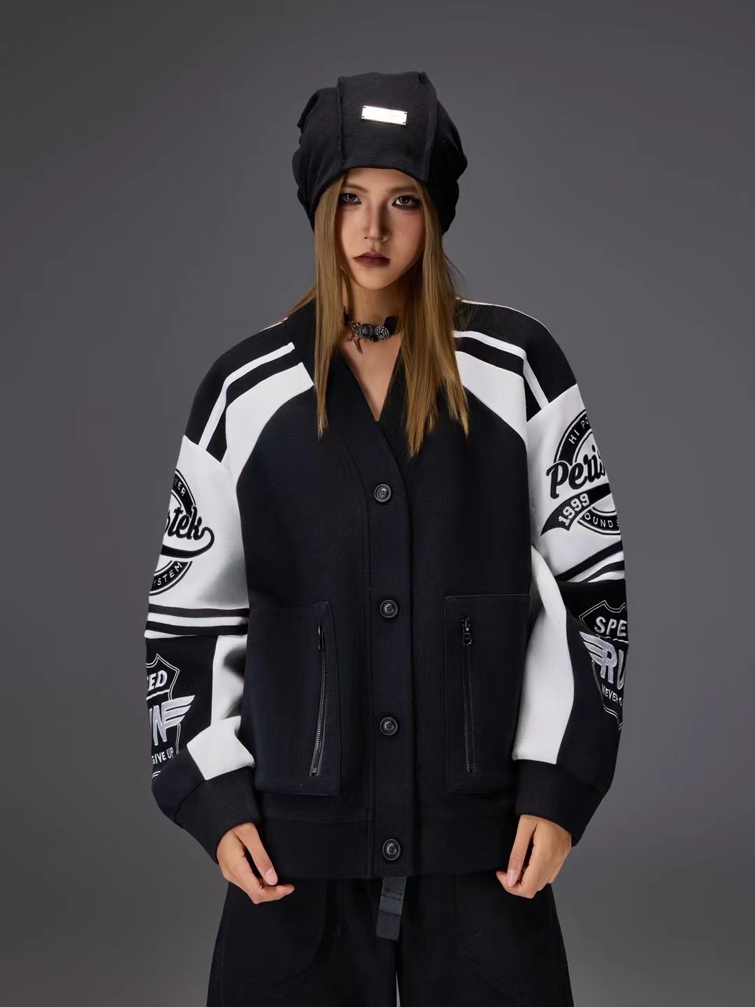 拓谷潮牌撞色棒球服女秋冬新款徽章刺绣宽松情侣运动服外套Q52153