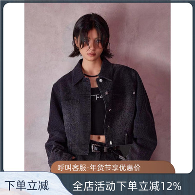 拓谷女新款水洗豹纹牛仔外套短款机车夹克百搭休闲外套上衣Q52493