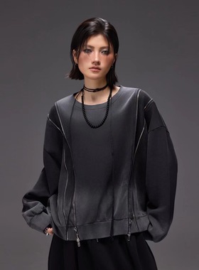 拓谷潮牌扎染拉链重磅圆领卫衣秋新款高街美式廓形套头上衣Q52055