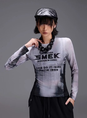 拓谷潮牌拼接网纱内搭打底衫秋款扎染收腰修身长袖t恤上衣Q52278