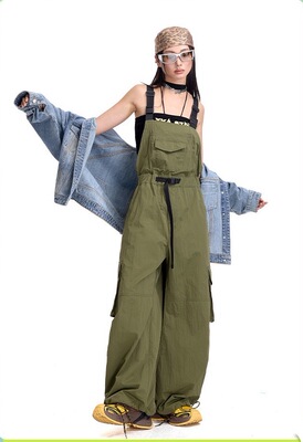 拓谷街头阔腿背带裤女夏新款潮牌高腰显瘦背带工装裤连体裤C60111