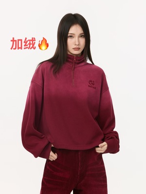 拓谷潮牌美式设计感半拉链卫衣女加绒冬款立领宽松套头上衣D52437