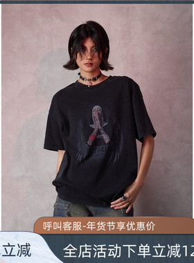 拓谷复古印花做旧破洞短袖T恤女秋内搭中长款显瘦潮酷上衣Q52479