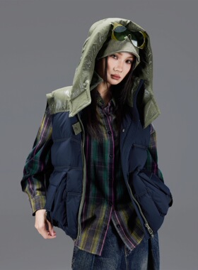 拓谷壹缺短款工装羽绒马甲90白鸭绒防风保暖连帽羽绒服坎肩D53002