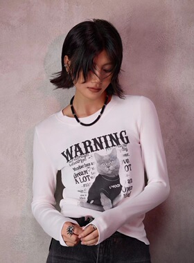 拓谷秋高弹百搭圆领长袖T恤女上衣内搭猫咪印花长袖打底衫Q52467