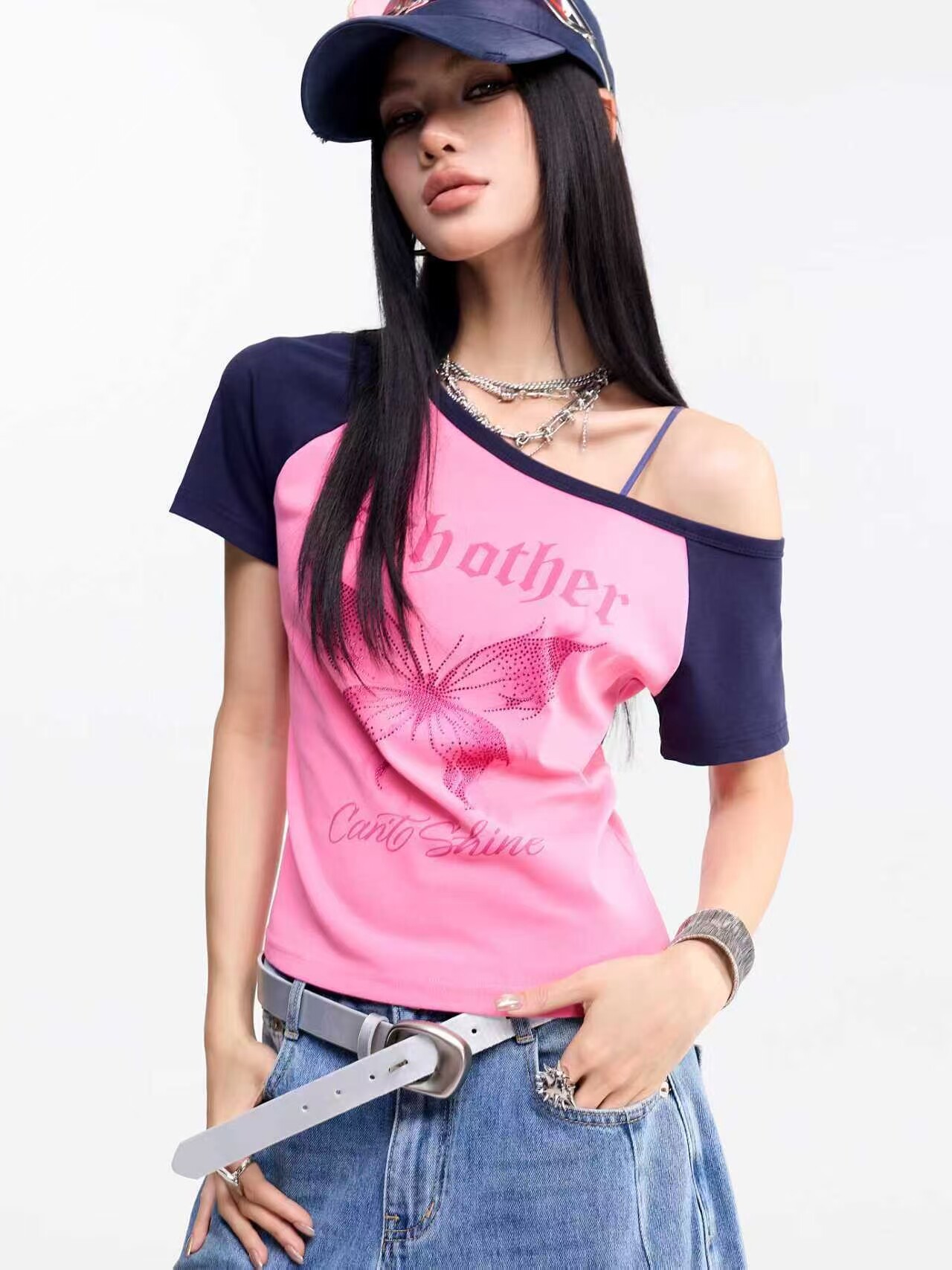 拓谷潮牌2026夏季新款漏肩简约百搭短款不规则T恤X60300