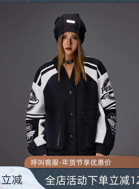 拓谷潮牌撞色棒球服女秋冬新款徽章刺绣宽松情侣运动服外套Q52153