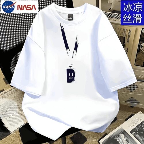 NASA联名EXHA设计感工牌印花男女情侣款冰丝宽松落肩短袖帅气t恤