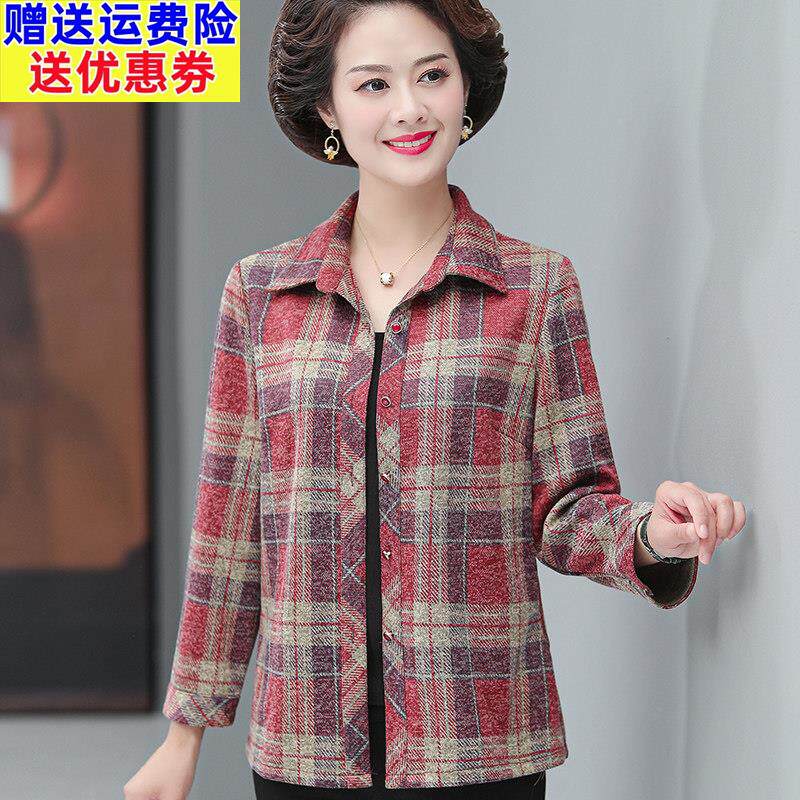 新款春季中年妈妈格子衬衫洋气薄款外套中老年女士春秋长袖上衣女
