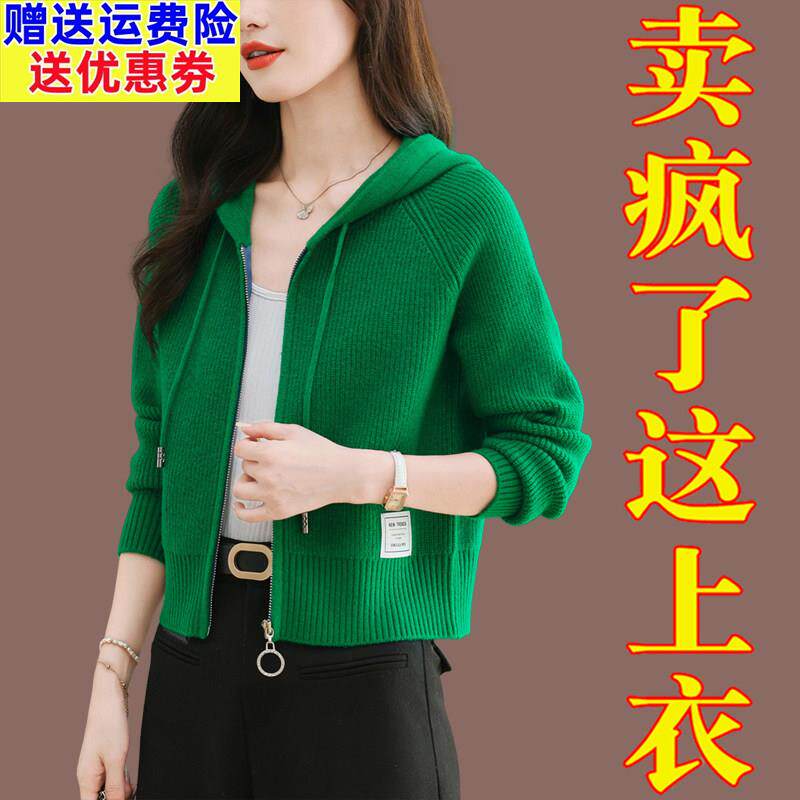 连帽针织衫女开衫春秋帽衫羊毛衫外搭配裙子的短款高腰毛衣短外套