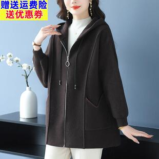 中年妈妈装秋冬连帽羊绒大衣外套女宽松加肥加大码纯色双面毛呢子