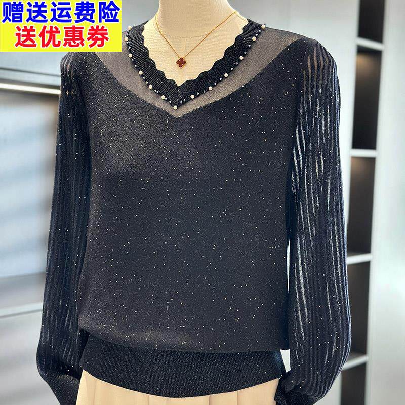 时尚洋派亮丝针织衫女套头妈妈装春装新款上衣气质百搭中年打底衫