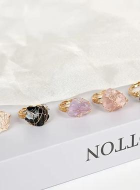 跨境热销天然石活口戒圈不规则原石紫晶白水晶手工绕丝可调节戒指