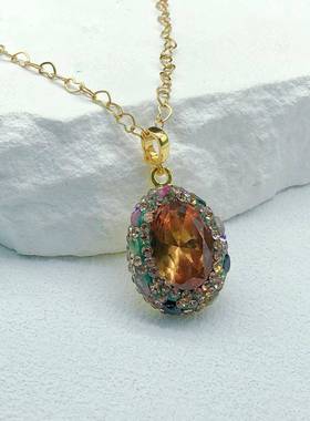 钛钢爱心项链光感变色苏丹石水滴形吊坠镶嵌彩色碧玺碎石简约百搭