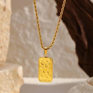 跨境塔罗牌立体浮雕镶钻花朵八芒星吊坠项链设计感钛钢麻花链项饰