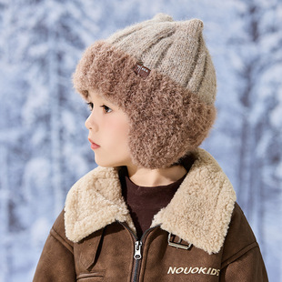 儿童毛线帽子男童2025新款双角护耳帽加厚绒保暖秋冬季宝宝针织帽