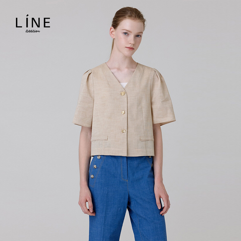 line韩国女装秋季新品V领修身纯色亚麻短袖衬衫AWBLLG0800