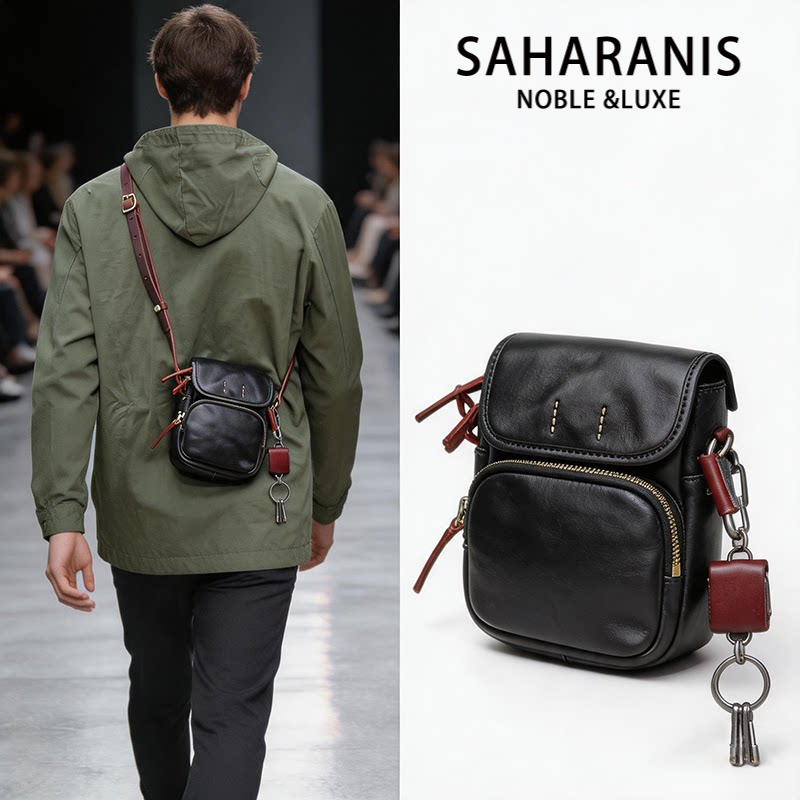 Saharanis真皮男士斜挎包多袋