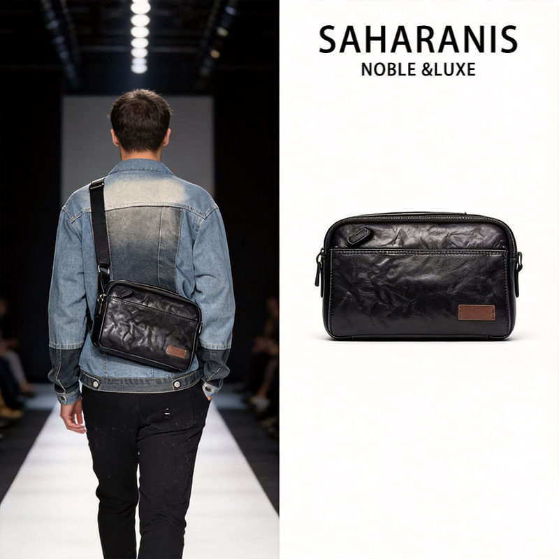 Saharanis真皮黑色男士斜挎包