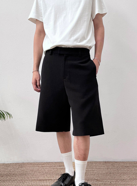 BasicMatch黑色亚麻混纺宽松直筒短裤